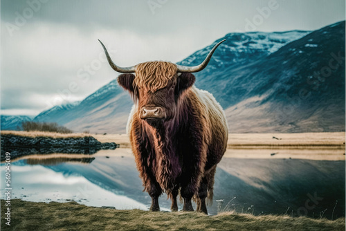 highland cow with horns standing in front of lake with snow covered mountains in background, AI assisted finalized in Photoshop by me photo