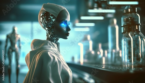 Cyborg Nuse in hospital, laboratory, futuristic created with generative ai technology