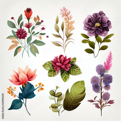Wallpaper Mural Watercolor flowers set. Collection of decorative elements bright colorful flowers, leaves, grass, hand drawn with watercolors. Decoration Watercolor flowers isolated. Generative AI Torontodigital.ca