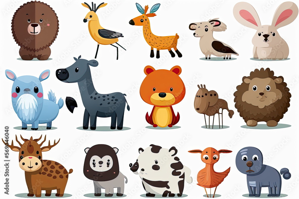 Set of cute cartoon animal, vector illustration, white background, Made by AI,Artificial intelligence Set of cute cartoon animal, vector illustration, white background, Made by AI,Artificial intelligence
