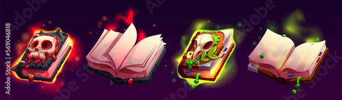 Open and closed magic spell books collection. Cartoon vector illustration set of evil witchcraft volumes decorated with spooky human and animal skulls, glowing with red and green colors. Game props