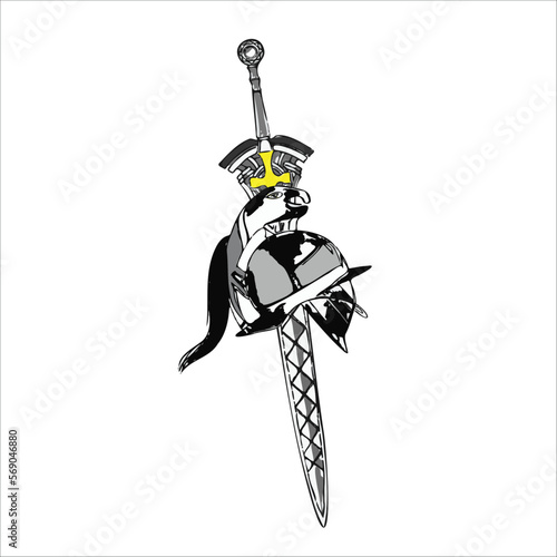 Illustration graphic a sword stuck in a soldier helmet.
Suitable design for t-shirt, logo , tattoo design, creative art design etc