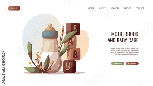 Baby bottle and wooden blocks with letters. Newborn, Childbirth, Baby care, babyhood, childhood, motherhood concept. Vector illustration for poster, banner, website.
