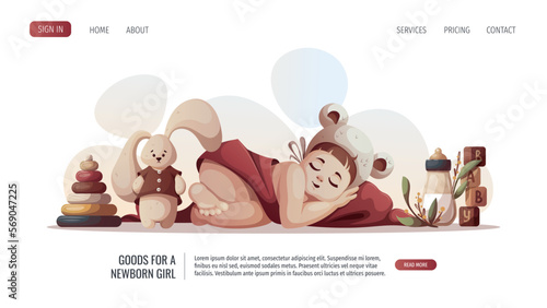 Baby girl sleeping in hat with ears and children's toys. Newborn, Childbirth, Baby care, babyhood, childhood, infancy concept. Vector illustration for poster, banner, website.