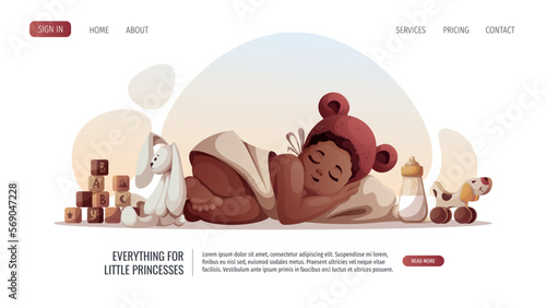 Baby girl sleeping in hat with ears and children's toys. Newborn, Childbirth, Baby care, babyhood, childhood, infancy concept. Vector illustration for poster, banner, website.