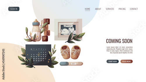 Monthly calendar, ultrasound baby picture, Positive pregnancy test, baby bottle. Baby waiting, pregnancy, sonogram concept. Vector illustration for poster, banner, website.