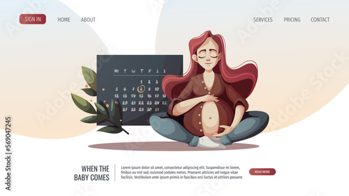 Pregnant woman hugging her belly. Monthly calendar. Motherhood, baby waiting, Pregnancy concept. Vector Illustration for poster, banner, website.