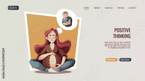 Pregnant woman hugging her belly and thinking about baby. Motherhood, Parenthood, Pregnancy concept. Vector Illustration for poster, banner, website.
