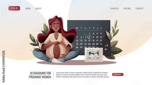 Pregnant woman hugging her belly. Monthly calendar. Motherhood, baby waiting, Pregnancy concept. Vector Illustration for poster, banner, website.