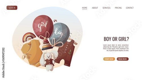 Baby clothes, toys and balloons for gender reveal party. Motherhood, Baby waiting, Pregnancy concept. Vector Illustration for poster, banner, website.