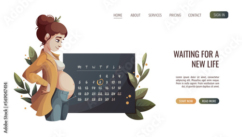 Pregnant woman standing in profile and Monthly Calendar. Motherhood, Pregnancy Planning, Childbirth, baby waiting concept. Vector Illustration for poster, banner, website.