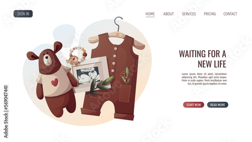 Baby romper, teddy bear, ultrasound baby picture. Baby waiting, baby clothes, pregnancy, sonogram concept. Vector illustration for poster, banner, website.