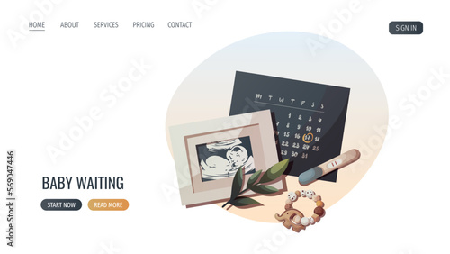 Monthly calendar, ultrasound baby picture, Positive pregnancy test. Baby waiting, pregnancy, sonogram concept. Vector illustration for poster, banner, website.