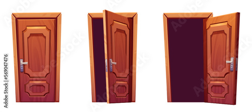 Cartoon set of open, closed classic wooden door isolated on white background. Vector illustration of brown doorway with knob and lock. Home or office interior design, furniture for room entrance