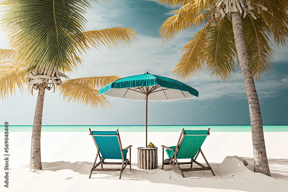 Deckchairs And Parasol With Palm Trees In The Tropical Beach