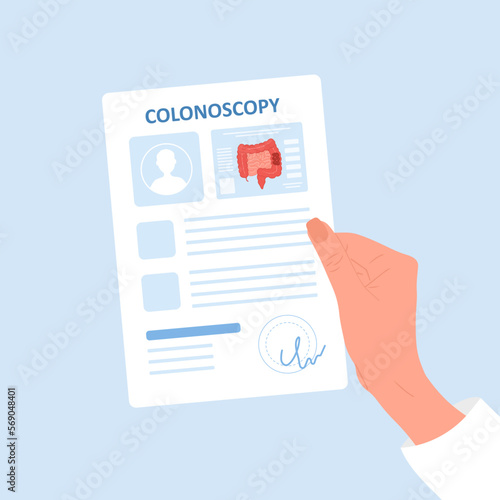 Colonoscopy concept. Female hand holding results of examine intestine. Vector illustration in flat cartoon style. Colon health. Prevention of cancer.
