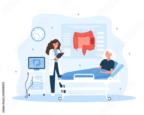 Colonoscopy concept. Female proctologist examine intestine. Elderly woman is being examined in hospital. Vector illustration in flat cartoon style. Colon health. Prevention of cancer.
