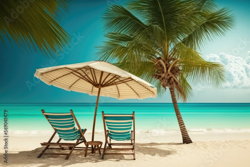 Deckchairs And Parasol With Palm Trees In The Tropical Beach © DarkKnight