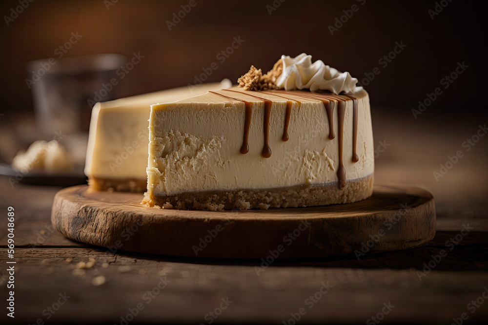 Macro shot homemade cheesecake on a wood counter in a pub Macro shot homemade cheesecake on a wood counter in a pub