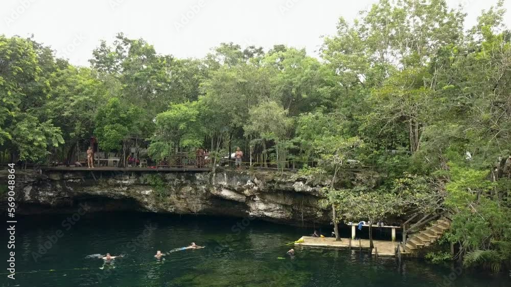 An overhead shot wilderness area environment clear underwater cave. Yucatan Mexico are unique places for technical diving among impassable rainforest. Concept outdoor nature footage.