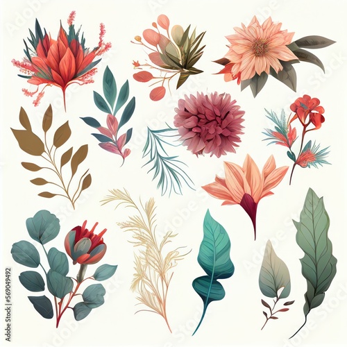 Watercolor flowers set. Collection of decorative elements bright colorful flowers  leaves  grass  hand drawn with watercolors. Decoration Watercolor flowers isolated. Generative AI