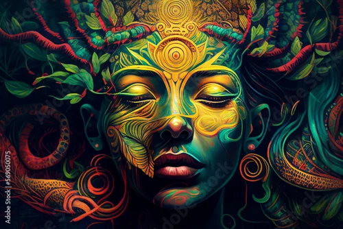 Obraz Podróż świadomości. Mistyczny Szaman. Wygenerowane sztuczną inteligencją.