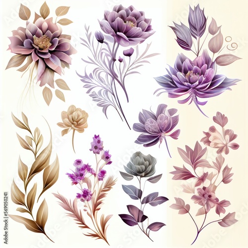 Watercolor flowers set. Collection of decorative elements bright colorful flowers  leaves  grass  hand drawn with watercolors. Decoration Watercolor flowers isolated. Generative AI