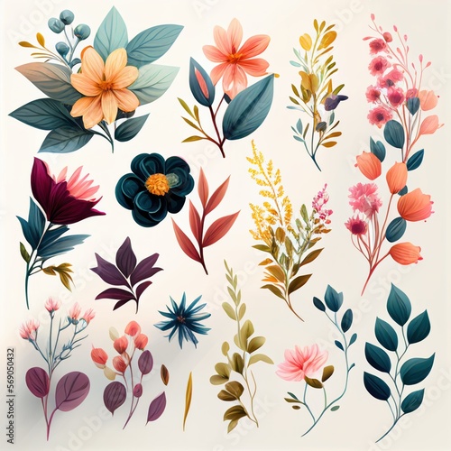 Watercolor flowers set. Collection of decorative elements bright colorful flowers  leaves  grass  hand drawn with watercolors. Decoration Watercolor flowers isolated. Generative AI
