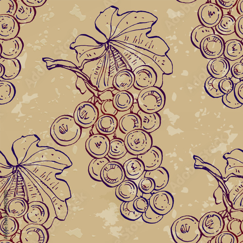 Seamless pattern with grape branch. Wineyard retro wallpaper. Garden background Sketch wild flower for background, texture, wrapper pattern, frame or border.