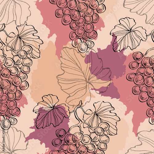 Seamless pattern with grape branch. Wineyard retro wallpaper. Garden background Sketch wild flower for background, texture, wrapper pattern, frame or border.