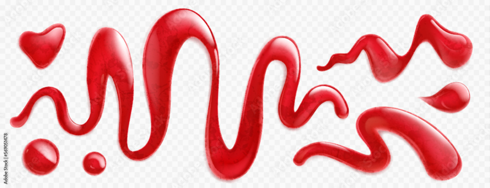Drips of berry sauce, strawberry jam or fruit syrup. Wavy smears and drops of red liquid ketchup, cherry juice or blood isolated on transparent background, vector realistic set Drips of berry sauce, strawberry jam or fruit syrup. Wavy smears and drops of red liquid ketchup, cherry juice or blood isolated on transparent background, vector realistic set