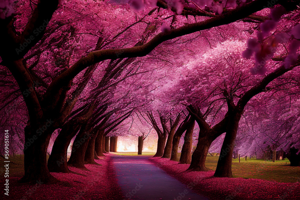 Cherry blossom trees in full bloom, Generative AI Stock Illustration ...