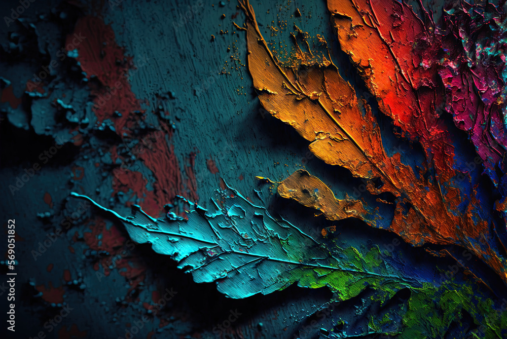 Texture: a close up of a rainbow colored leaf on a rusted wall