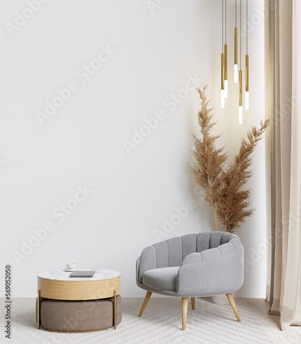 big white living room.interior design,grey chair,lamp,wooden table,carpet wall for mock up and copy space