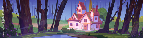 Summer landscape with rainy forest and village house. Nature scene with countryside cottage, garden with puddle, trees and bushes with green foliage under raindrops, vector cartoon illustration