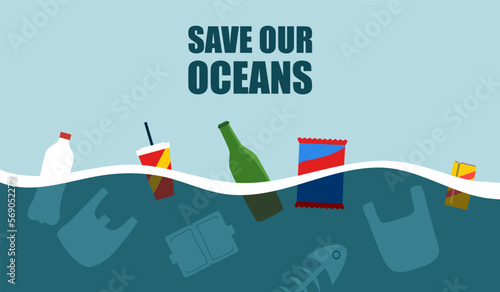 Save our oceans concept vector illustration. Garbage in the ocean flat design.