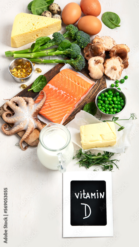 Foods rich in vitamin D. Healthy foods containing vitamin D. Stock