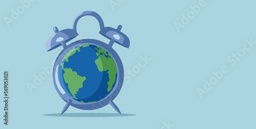 Earth Hour Time to Save the Planet Concept Illustration. Alarm clock shapes as out blue earth announcing environmental conservation deadline 