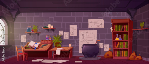 Alchemist laboratory, witch or wizard room with magic potions, books and cauldron. Magician alchemical lab interior with wooden furniture, flasks and plants on shelves, vector cartoon illustration