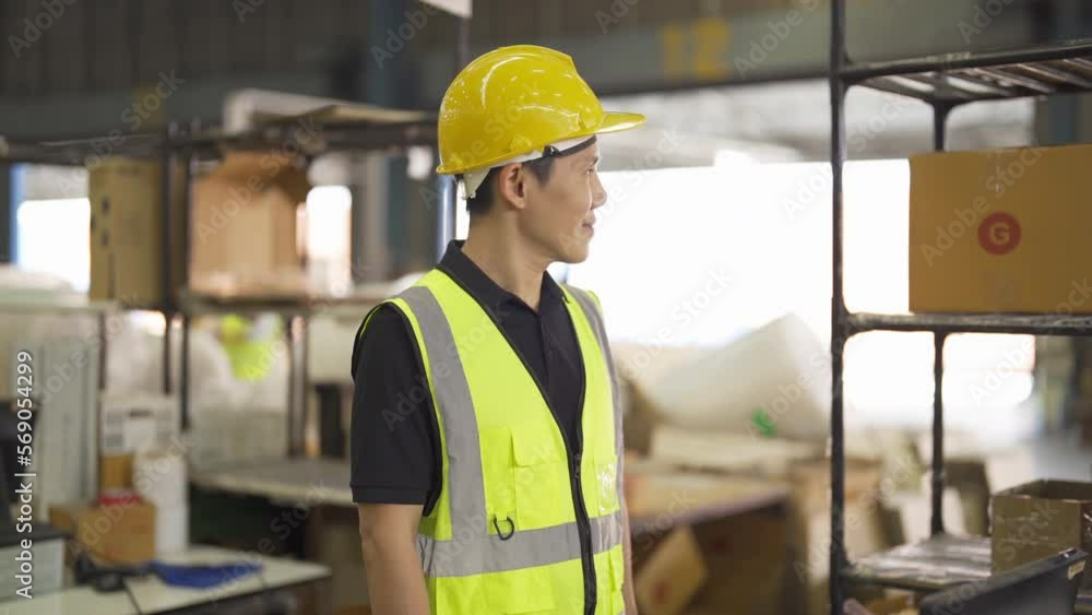 Portrait of Asian man worker working in large warehouse retail store industry factory. Rack of stock storage. Cargo in ecommerce and logistic concept. Depot. People lifestyle. Shipment service. Portrait of Asian man worker working in large warehouse retail store industry factory. Rack of stock storage. Cargo in ecommerce and logistic concept. Depot. People lifestyle. Shipment service.