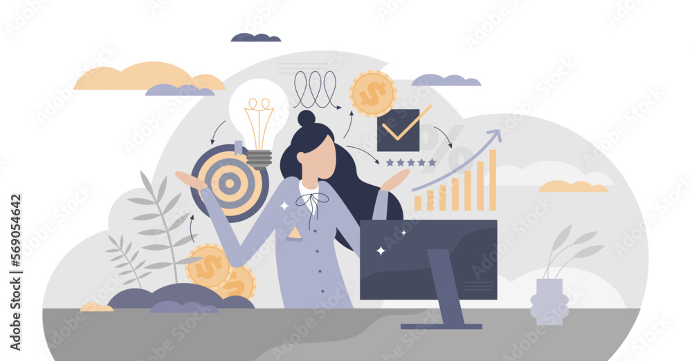 Confused female product manager with unclear work doubt tiny person concept, transparent background. Unprofessional attitude and loss of knowledge scene illustration.