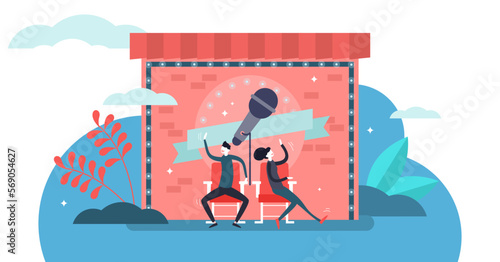 Comedy illustration, transparent background. Flat tiny funny humor stand up show person concept. Entertainment event scene with comedian artist on improvisation or improw stage. photo