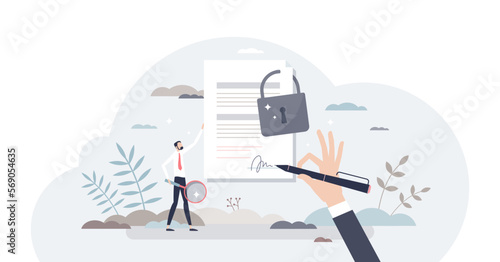 Confidential or classified document with padlock protection tiny person concept, transparent background. Safe and seal files for data privacy and private note or agreement illustration.