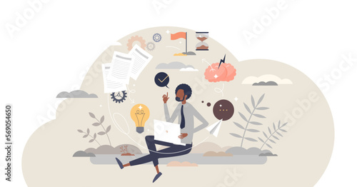 Creative process and innovative idea project thinking tiny person concept, transparent background. Research and new work planning with brainstorming, solution finding and creativity illustration.