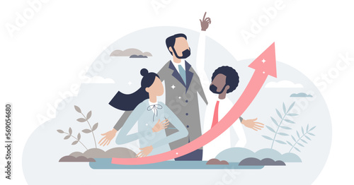 Developing people with motivation, work raise or ambition tiny person concept, transparent background. Appraisal as employee performance and productivity growth method illustration.