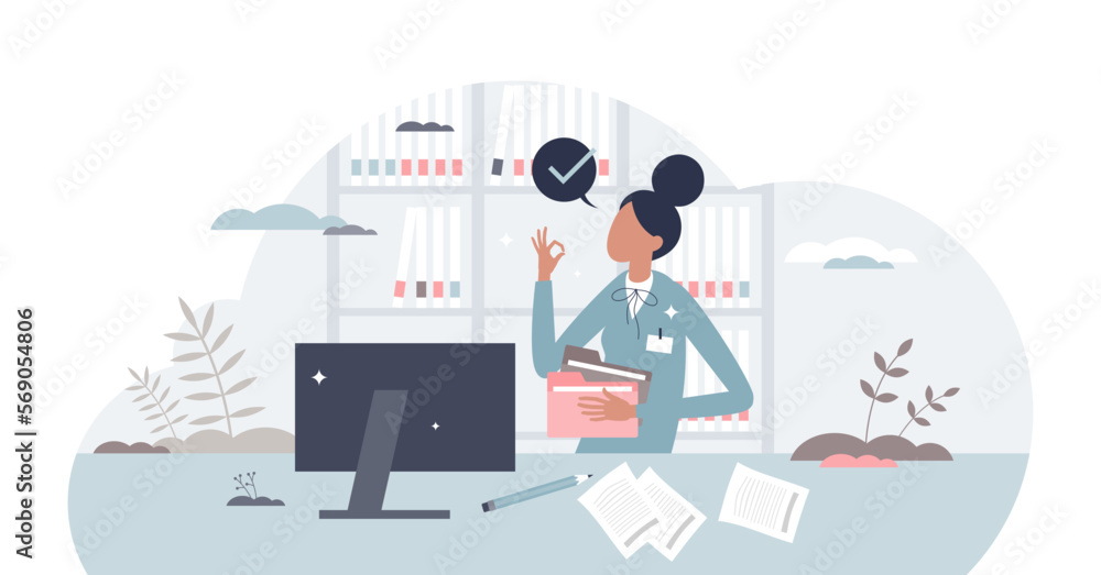 Medical records technician as hospital document assistant tiny person concept, transparent background. Medical records technician as hospital document assistant tiny person concept, transparent background.