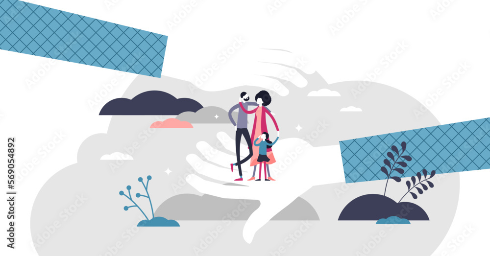 Safe family illustration, transparent background. Symbolic protection flat tiny persons concept. Couple with children in holding hands and standing on palm. Simple security feeling.