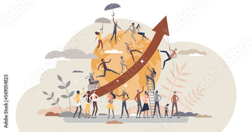 Overpopulation and human crowd density growth on earth tiny person concept, transparent background. People count development and volume rising as demography statistics measurement illustration. photo