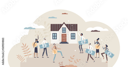 Real estate crowdfunding as collective property purchase tiny person concept  transparent background. Crowd support for one house buying as part of loan investment illustration.