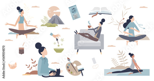 Revealing stress with yoga and meditation for peace tiny person collection, transparent background. Mental care and frustration free zone with slow breathing and mental inner calmness illustration.
